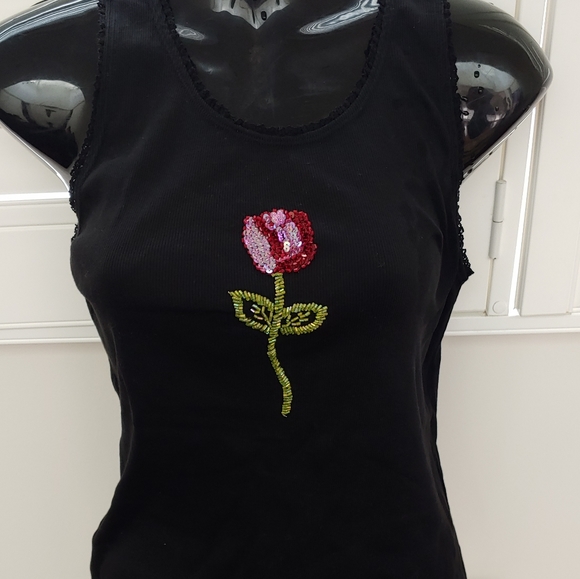 Sequin Flower Beaded Ribbed Black Tank 2pc - Picture 2 of 8